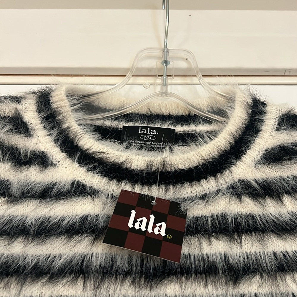 Dressed in LALA “Be Proud of Yourself Fuzzy Knit Top” in Black + White Boxy S/M - Picture 14 of 16